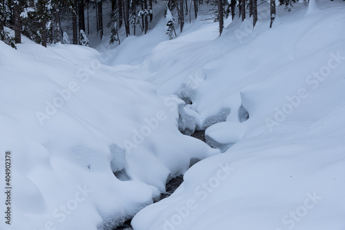 un torrente in montagna circondato da cumuli di neve arrotondati creano un ambiente morbido e luminoso  la neve si accumula sulle pietre ai lati di un torrente