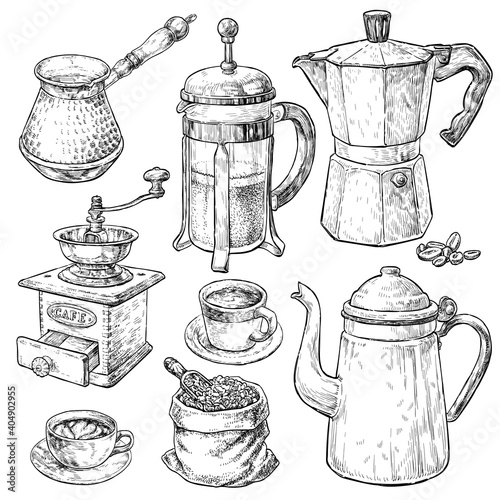 Retro style coffee set. Moka pot, french press, coffee cup, coffee kettle, coffee bean. Hand drawn vintage vector elements in engraving style.