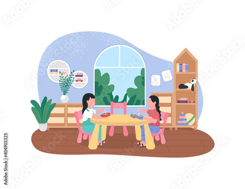 Kindergarten dinner break 2D vector web banner, poster. Kids at table. Girls eating meal together flat characters on cartoon background. Preschool mealtime printable patch, colorful web element