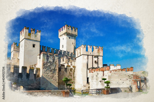 Watercolor drawing of Scaligero Castle Castello di Sirmione fortress from Scaliger era in historical center of town on Garda lake, medieval castle