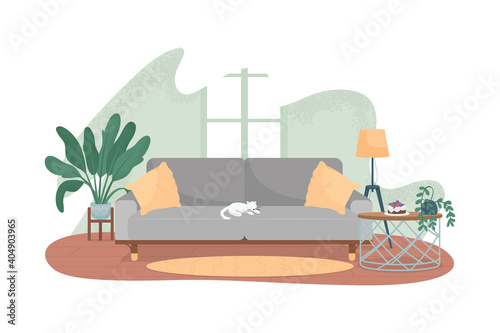 Modern living room 2D vector web banner, poster. Cat on grey sofa. Cosy living area. Contemporary apartment flat scene on cartoon background. Home recreation printable patch, colorful web element