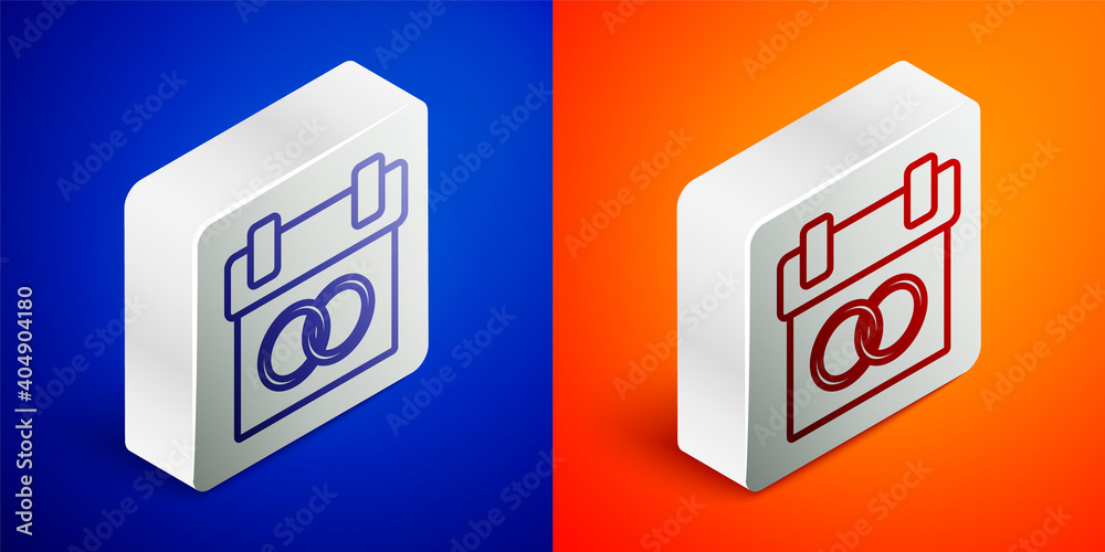 Isometric line Calendar icon isolated on blue and orange background. Event reminder symbol. Silver square button. Vector. Isometric line Calendar icon isolated on blue and orange background. Event reminder symbol. Silver square button. Vector.
