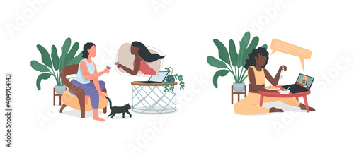 Friends on online dinner date flat color vector faceless characters set Woman eat food, drink wine. Video call isolated cartoon illustration for web graphic design and animation collection