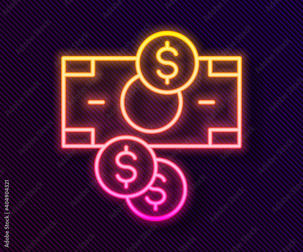 Glowing neon line Stacks paper money cash and coin money with dollar symbol icon isolated on black background. Money banknotes stacks. Vector. Glowing neon line Stacks paper money cash and coin money with dollar symbol icon isolated on black background. Money banknotes stacks. Vector.