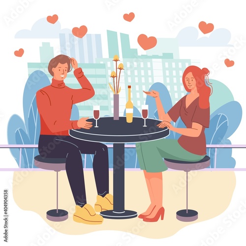 Vector cartoon flat characters lovers couple,trendy young people in love talking,girl and boy romantic date outdoors at restaurant cafe- communication,emotions,love declaration,social concept