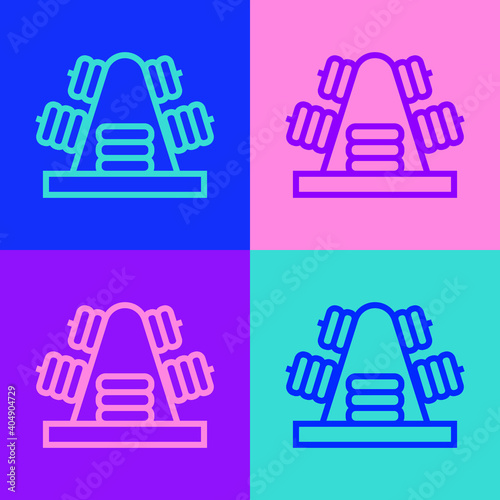 Pop art line Metal rack with additional weights for barbell icon isolated on color background. Bodybuilding, fitness, sport, healthy lifestyle concept. Vector.