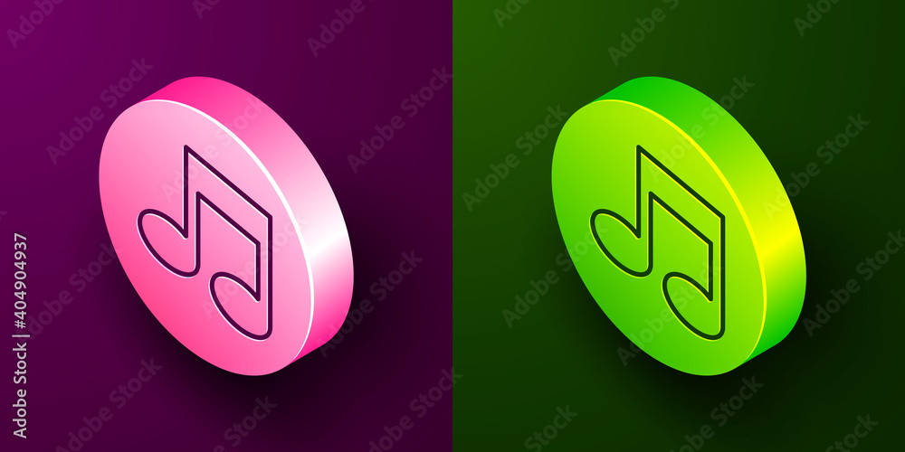 Isometric line Music note, tone icon isolated on purple and green background. Circle button. Vector. Isometric line Music note, tone icon isolated on purple and green background. Circle button. Vector.