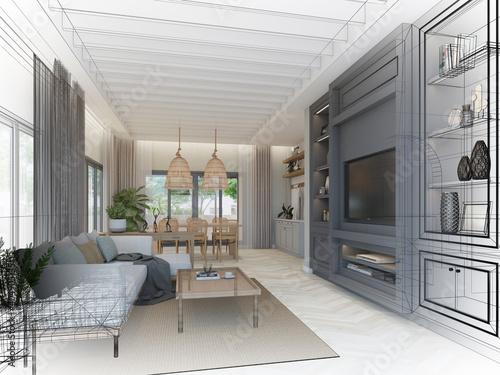 sketch design of interior living room 3d rendering