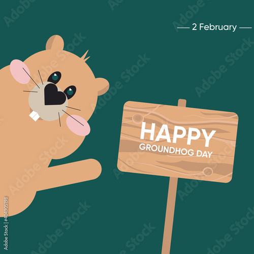 Groundhog greeting spring and inscription on wooden board Happy Groundhog Day. Groundhog Day poster, banner, card. Vector cartoon illustration. Weather forecast, February 2