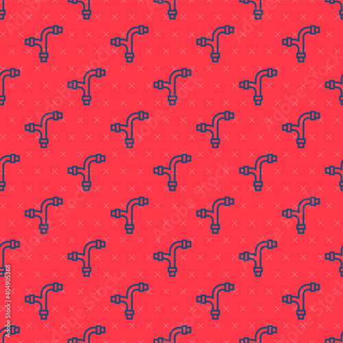 Blue line Industry metallic pipe icon isolated seamless pattern on red background. Plumbing pipeline parts of different shapes. Vector.