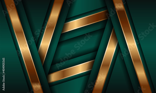 Abstract polygonal pattern luxury green combine and glowing gold lines overlap layer textured background