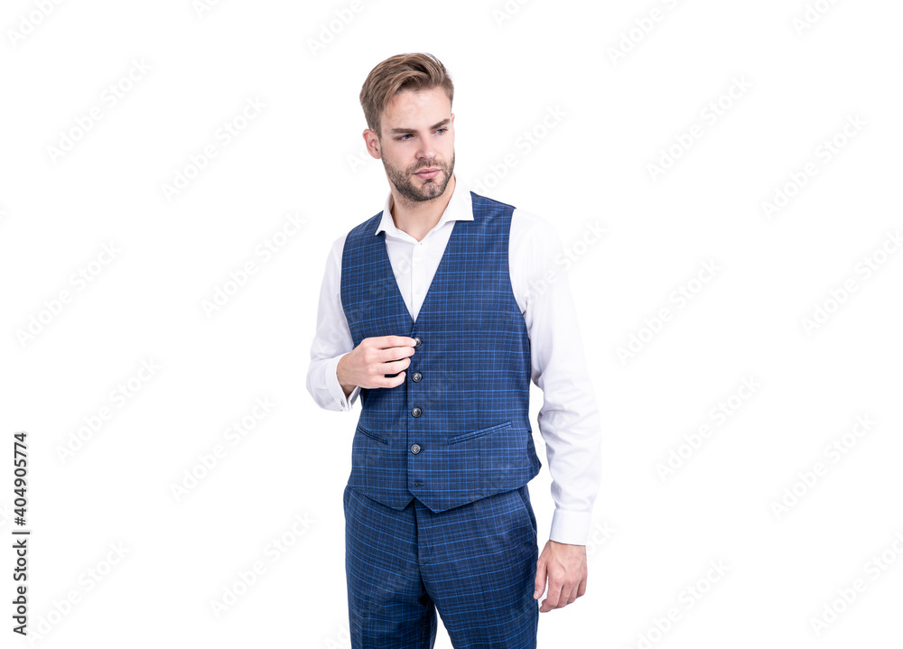 Handsome man wear tailored menswear in formal fashion style isolated on white, bespoke Handsome man wear tailored menswear in formal fashion style isolated on white, bespoke
