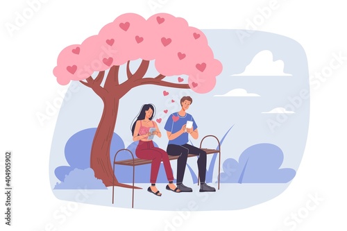 Vector cartoon flat characters couple,Valentine Day greeting card design.Young man woman in love on date outdoors under park tree-February 14 postcard,web online banner decor-emotions,social concept