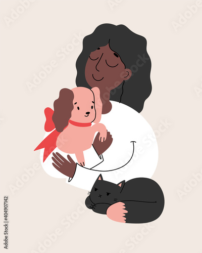 Vector illustration of girl with dog with red bow and black cat, isolated on beige background in doodle style. The girl hugging puppy. Illustration for animal shelter, pet sitting, and pet shops.