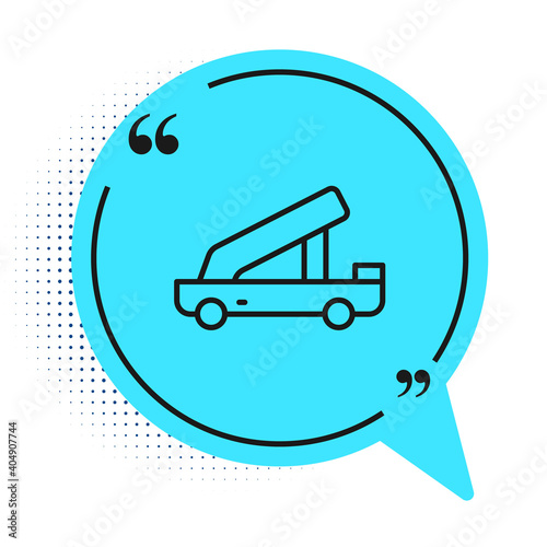 Black line Passenger ladder for plane boarding icon isolated on white background. Airport stair travel. Blue speech bubble symbol. Vector.