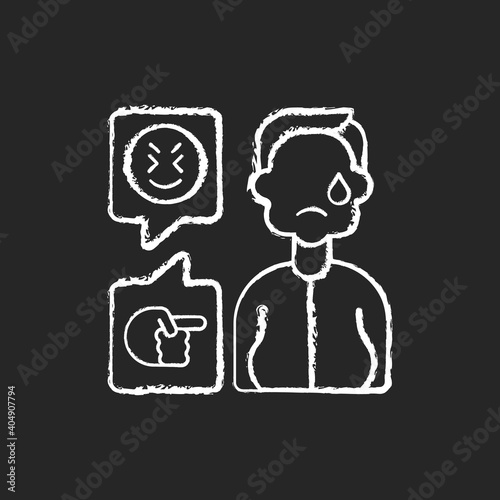 Weight-based cyberbullying chalk white icon on black background. Bodyshaming online. Offensive comments to overweight person. Upset victim of cyberharassment. Isolated vector chalkboard illustration