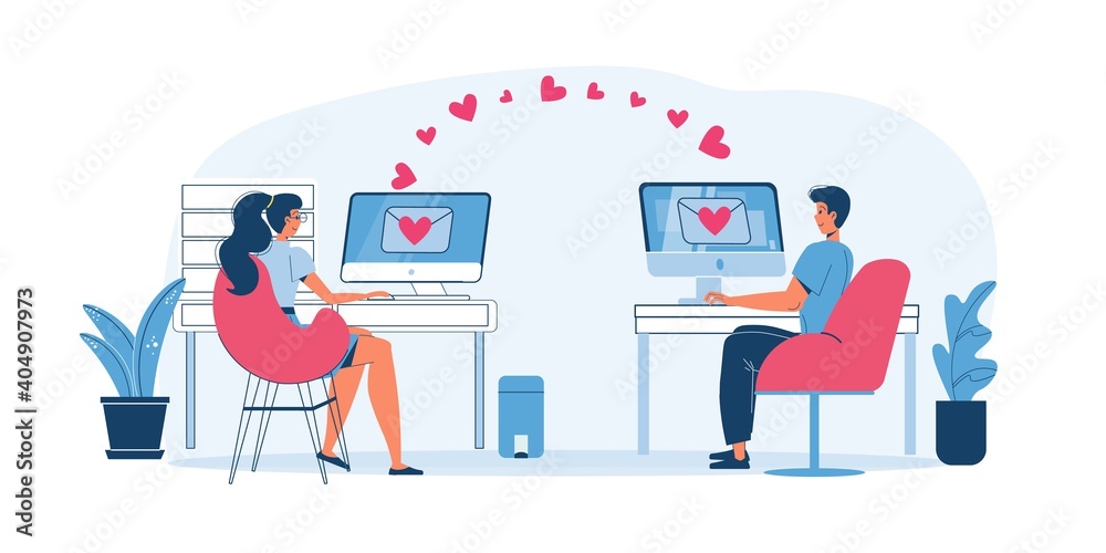 Vector cartoon flat characters couple,online date computer app,Valentine Day greeting card design.Young man woman in love chat-web online banner,February 14 postcard decor,social media concept