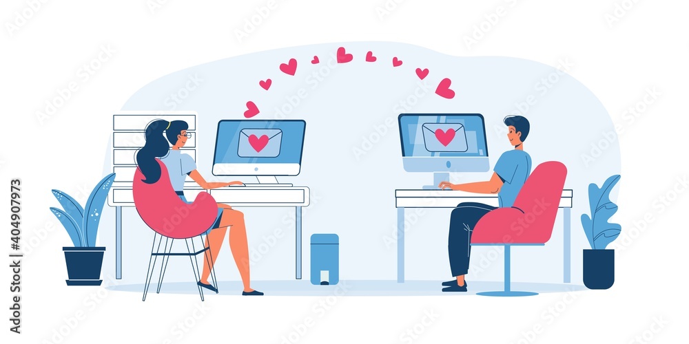 Vector cartoon flat characters couple,online date computer app,Valentine Day greeting card design.Young man woman in love chat-web online banner,February 14 postcard decor,social media concept Vector cartoon flat characters couple,online date computer app,Valentine Day greeting card design.Young man woman in love chat-web online banner,February 14 postcard decor,social media concept