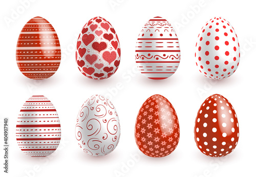 Red white Easter eggs wtth doodle geometry patterns on white background. Vector illustration set for holiday Easter card photo