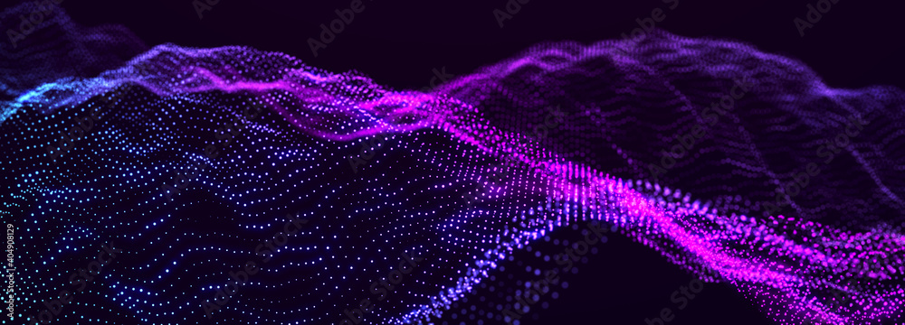 Naklejka premium Futuristic dots pattern on dark background. Colored music wave. Big data. Technology or Science Banner. 3D rendering
