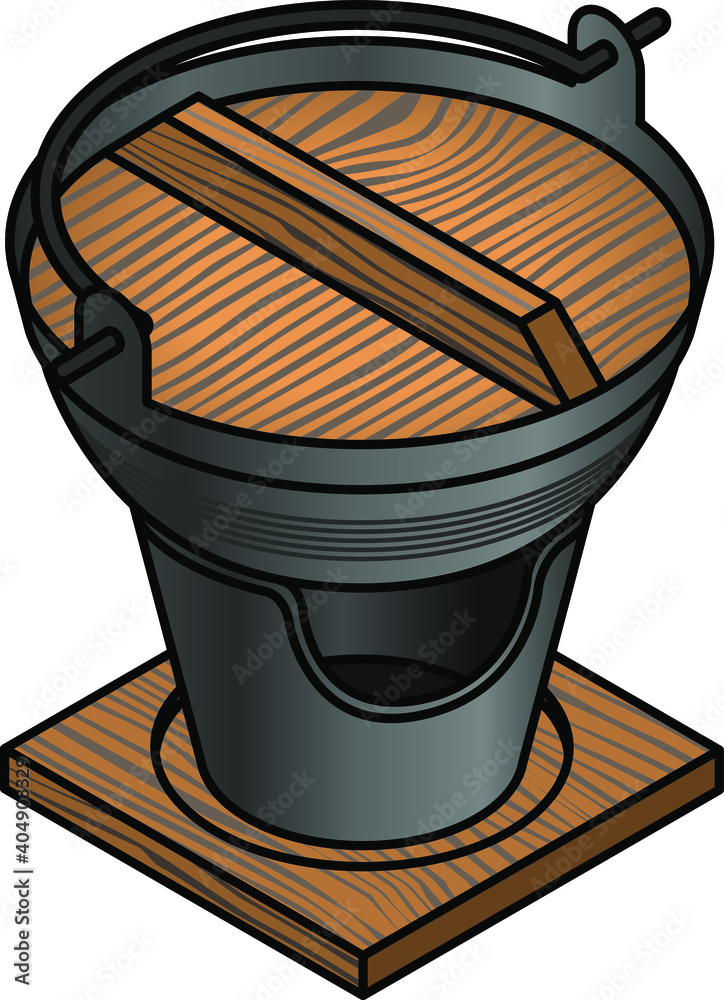 Φωτογραφία A cast iron Japanese Nabemono/Sukiyaki hotpot pot with a wooden lid and a coal stove