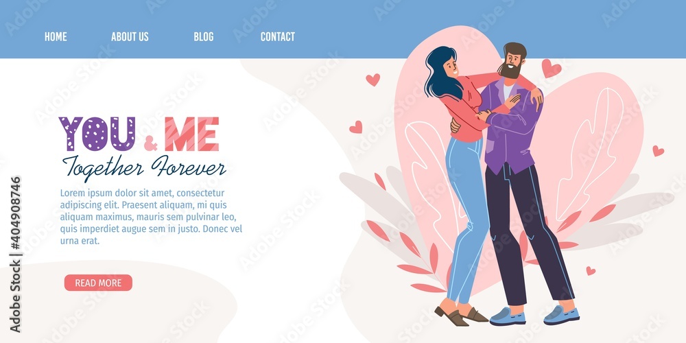 Vector cartoon flat characters couple,Valentine Day greeting card design.Young man woman in love hugs on heart floral background-February 14 web online landing page,banner decor,social media concept