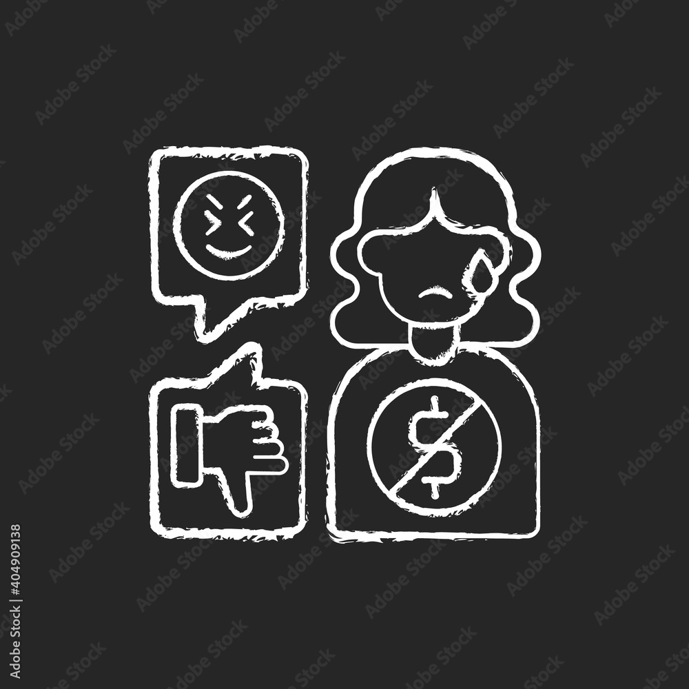 Financial cyberbullying chalk white icon on black background. Bullying woman with no money. Abusive relationship. Offensive comment, hate speech. Isolated vector chalkboard illustration Financial cyberbullying chalk white icon on black background. Bullying woman with no money. Abusive relationship. Offensive comment, hate speech. Isolated vector chalkboard illustration