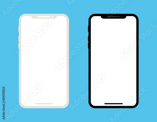 Flat mockup mobile iphone on blue background. White and black smartphone with blank screen. Vector