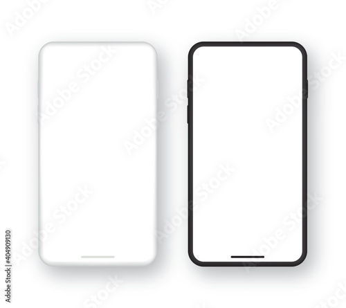 Realistic set of template black and white smartphone with blank screen. Mockup mobile iphone with empty display. Vector