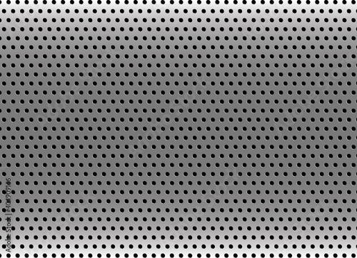 Silver metal background with dots pattern. Grey industrial texture backdrop. Light silver metal background with round hole. Vector