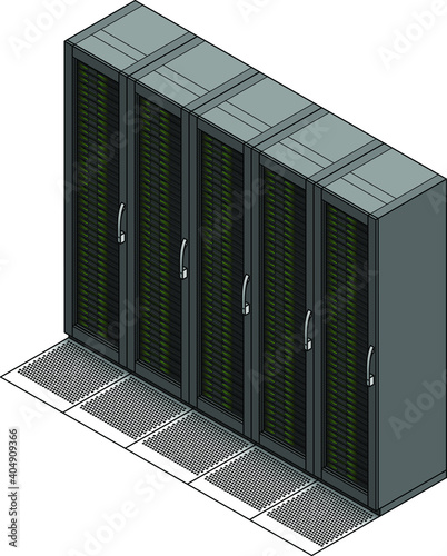 A set of five server racks / cabinets and ventilated floor tiles.
