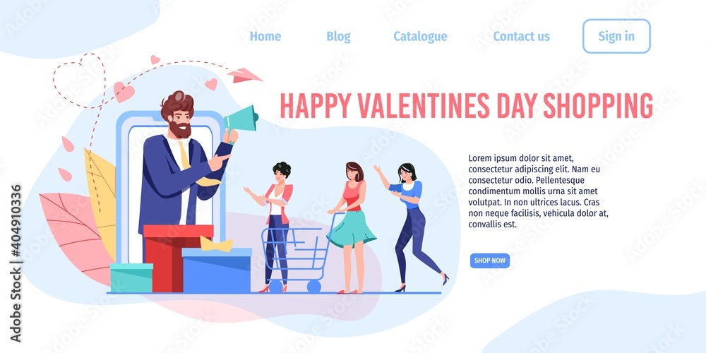Vector cartoon flat characters Valentine Day online shopping sale landing page ad.Happy women in hurry for discounts offer,greeting card web design,February 14 banner,social media mobile app concept