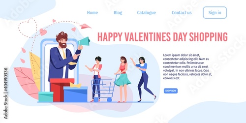 Vector cartoon flat characters Valentine Day online shopping sale landing page ad.Happy women in hurry for discounts offer,greeting card web design,February 14 banner,social media mobile app concept