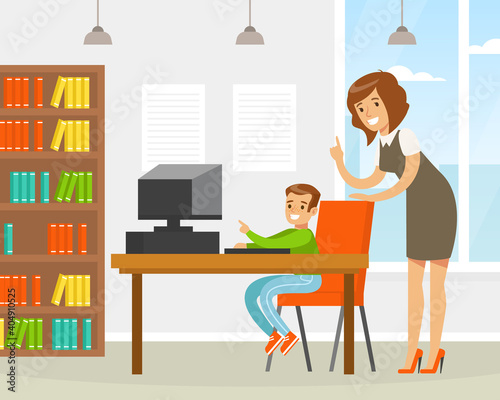 Woman Teacher Helping Elementary School Student in Computer Class, Mother Teaching her Son, Education and Learning Concept Cartoon Vector Illustration © topvectors