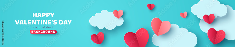 Horizontal banner with blue sky, paper cut clouds and red hearts. Place for text. Happy Valentines day sale header or voucher template.