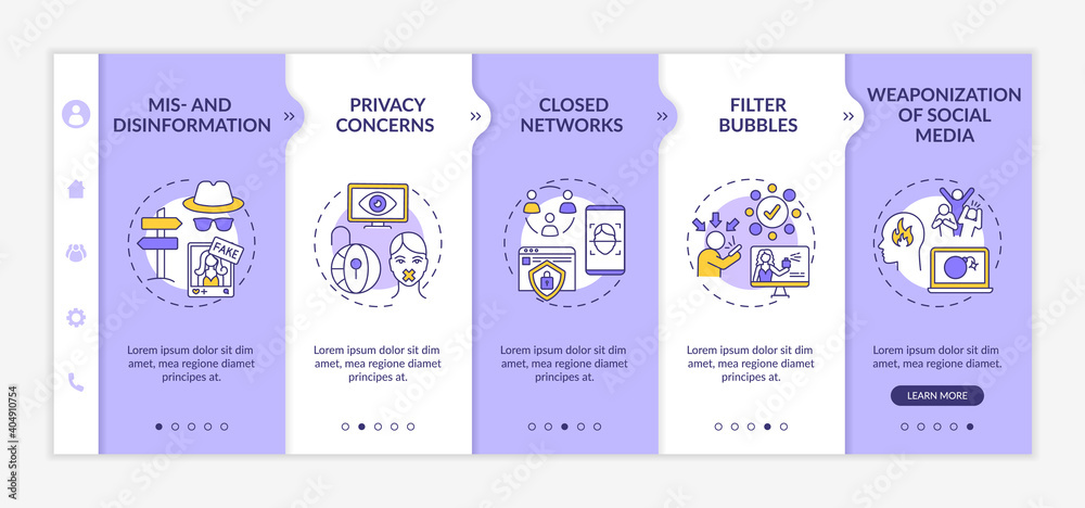 Social media challenges for journalist onboarding vector template. Disinformation. Closed networks. Responsive mobile website with icons. Webpage walkthrough step screens. RGB color concept