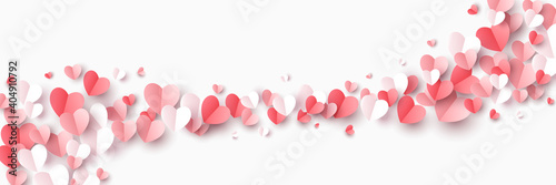 Red, pink and white flying hearts isolated on white background. Vector illustration. Paper cut decorations for Valentine's day border or frame design.