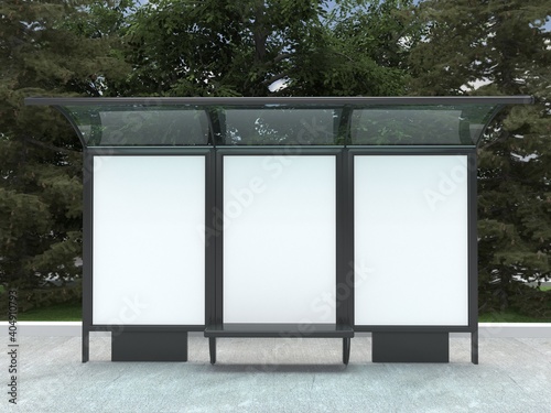Bus station mockup with 3 empty spaces. 3d rendered realistic illustration