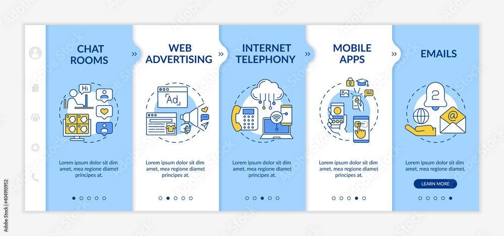 New media examples onboarding vector template. Chat rooms. Internet telephony. Electronic mails. Responsive mobile website with icons. Webpage walkthrough step screens. RGB color concept