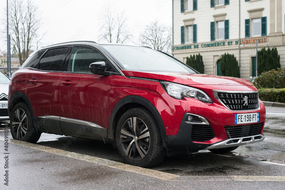 Mulhouse - France - 12 January 2021 - Profile view of red Peugeot 3008 SUV  car parked in the street by rainy day Stock Photo | Adobe Stock
