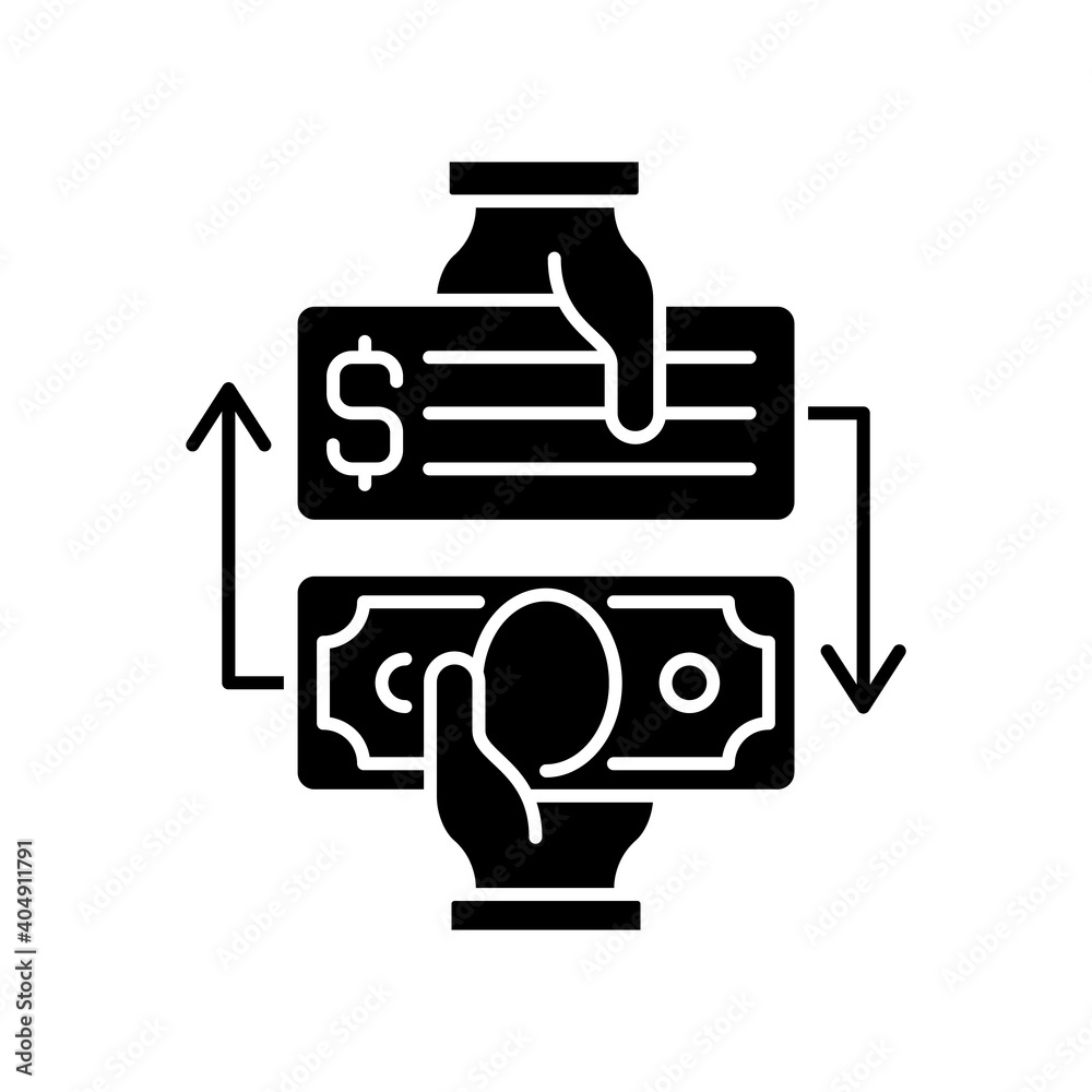 Obraz premium Paid check cashing black glyph icon. Cashing checks without bank account. Obtaining money instantly. Transferring money. Paying bills. Silhouette symbol on white space. Vector isolated illustration