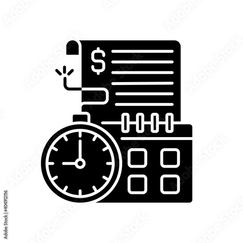 Time limit black glyph icon. Repaying by stated date. Loans with term lengths. Monthly payments. Interest costs. Penalties, fees. Silhouette symbol on white space. Vector isolated illustration