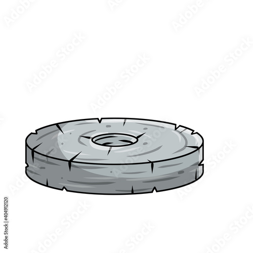 Stone wheel. invention of primitive caveman. Symbol of progress. old heavy object with hole. Cartoon illustration
