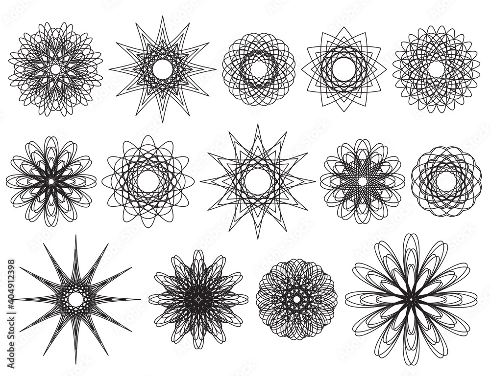 Set of abstract geometric round Spirograph elements like star. Vector ...