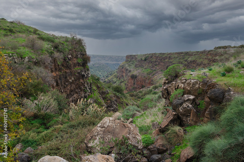 landscapes with mountain views with the remains of ancient buildings on the Golan heights in israel