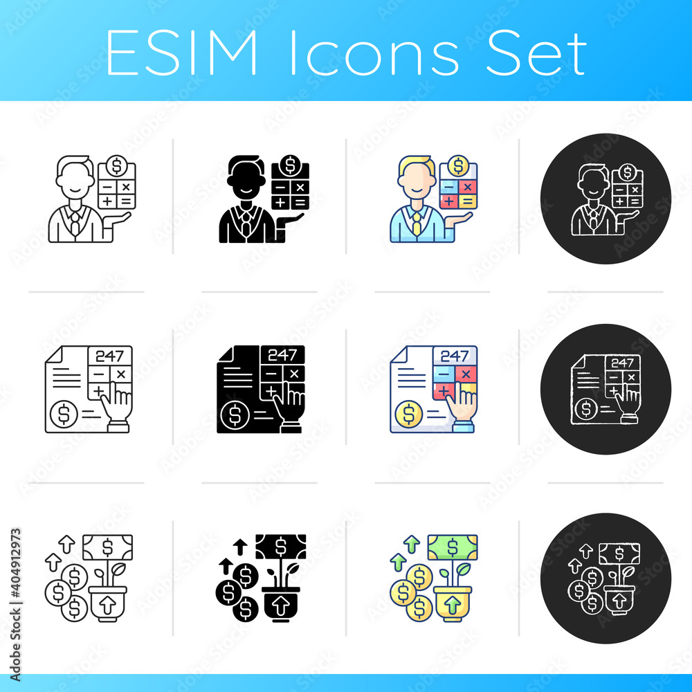 Accounting icons set. Tax accounting of business. Place to store all company financial assets. Controlling every process. Linear, black and RGB color styles. Isolated vector illustrations