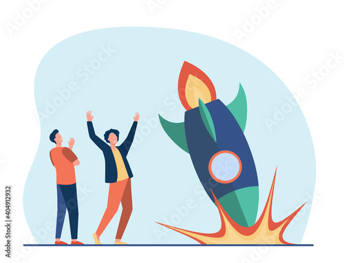 Anxious guys watching as rocket falling down. Accident, explosion, problem flat vector illustration. Failure and bankruptcy concept for banner, website design or landing web page