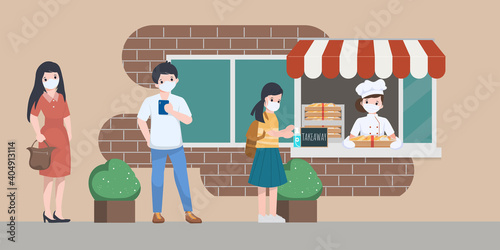 People wearing a face mask in the queue and keeping distance to buy some foods at store.