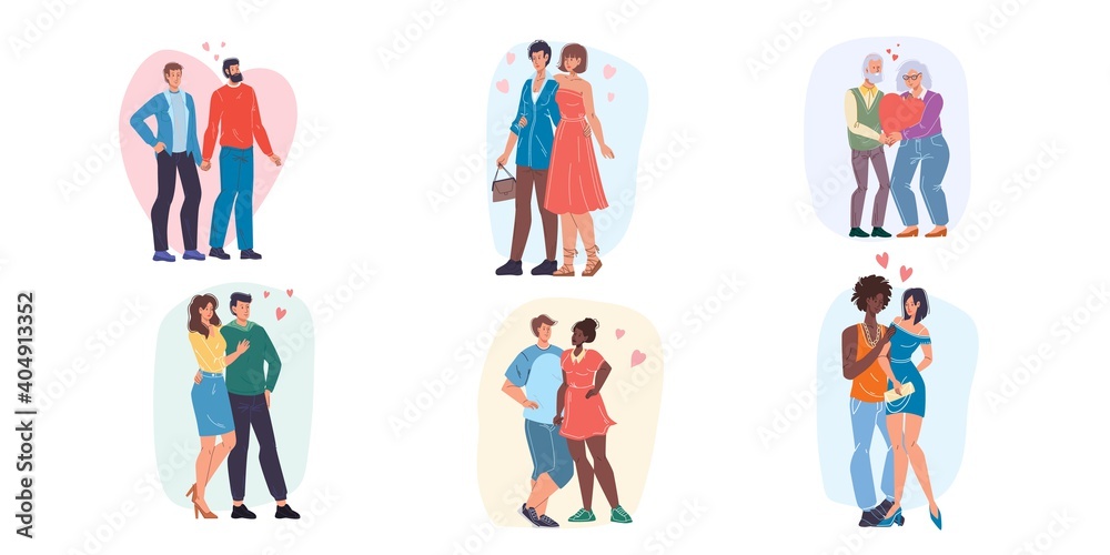 Set of vector cartoon flat homosexual heterosexual characters couples.Young people in love on heart background-Valentine Day postcard,greeting card design,web online ad banner decor,social concept