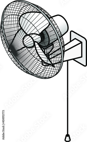 A wall fan with a pull cord switch.